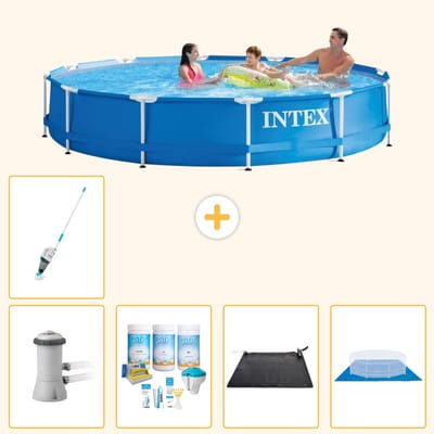 Intex Rond Frame Zwembad - 366 x 76 cm - Blauw - Inclusief Pomp - Onderhoudspakket - Solar Mat - Grondzeil - Stofzuiger - 6-delig