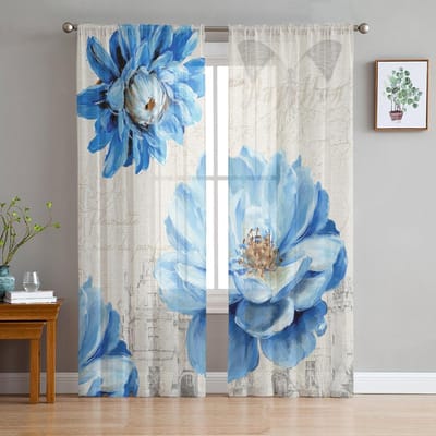 Vintage Bloemen Pioen Blauw Raamgordijnen Transparant Chiffon Tule Gordijn Huis Woonkamer Achtergrond Decoratie 135W x 114H(cm) gray