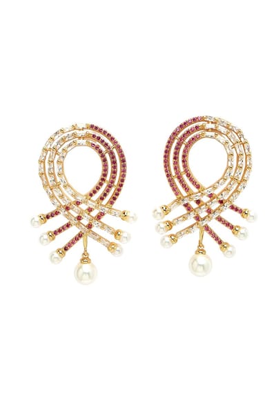AVANT-GARDE PARIS Oorhangers - Luxe zirkonia oorbellen - Draperende strikvorm - Roze en wit kristal - Goudkleurig - 3 x 4,5 cm