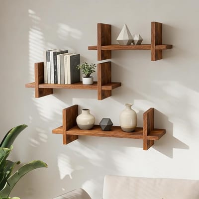 Set van 3 zwevende houten wandplanken voor wanddecoratie in badkamer, woonkamer, keuken en slaapkamer - Donker gebrand hout, stijlvol en functioneel