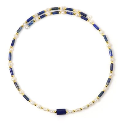 Cavill - Stalen Halsketting - 36,26 ct Afghaanse Lapis Lazuli - Zoetwaterparels & Gouden Hematiet - Elegante Blauwe Halsband 31,4 cm