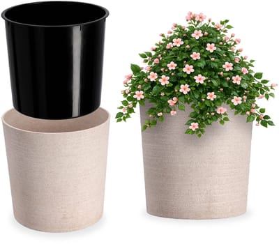 KADAX Bloempot met houtspaanders, elegante bloempot met inzet, pot, tuinkom, bloembak, bloempotbescherming voor woonkamer, kantoor, ? 25 cm, crème