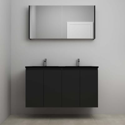 On-Line Badkamermeubelset - 120 cm - Bouwpakket - Greeploze Ladestructuur - Acryl Wastafel - 2 Kraangaten - Spiegelkast - Mat Zwart - V02