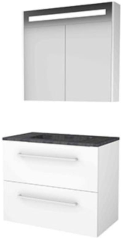 Basic-Line Premium 46 Badkamermeubelset - 80 x 46 cm - Met Grepen - 2 Lades - Hardstenen Wastafel - Zonder Kraangat - Spiegelkast met LED Verlichting - Ice White