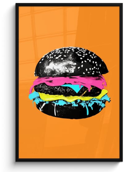 Poster in lijst - Fotolijst 80x120 cm - Posters - Hamburger - Oranje - Neon - popart - Posterlijst zwart - Decoratie - Wanddecoratie woonkamer - Muurdecoratie slaapkamer