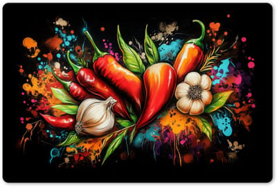 Placemats 45x30 cm - Placemat kunststof - 1 stuk - Groente - Peper - Knoflook - Graffiti - Verf - Kleurrijk - Borden onderleggers - Decoratie voor op tafel - Keuken tafeldecoratie accessoires - Vinyl onderlegger - Tafelversiering