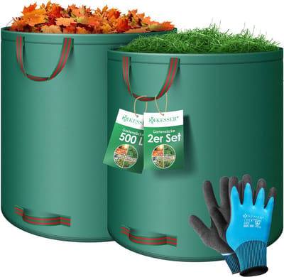 KESSER® Tuinafvalzak Tuinzak Set Bladzak incl. Handschoenen - Zelf Staand 4 Handvatten Stabiel Robuust & Opvouwbaar - Bladzakken Maaisel Tuinzakken voor Tuinafval Groenafval - 2x 500 Liter, Groen
