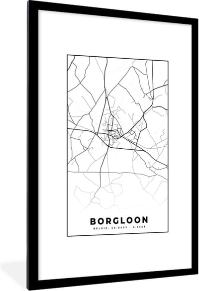 Fotolijst incl. Poster Zwart Wit- België – Borgloon – Stadskaart – Kaart – Zwart Wit – Plattegrond - 80x120 cm - Posterlijst