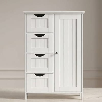 Serena badkamerkast, smalle badkamerkast, bijzettafel, ladekast met 4 lades, kastdeur, verstelbare plank, 30 x 55 x 82 cm, wit LHC41W - Casa Serena – Casa Dorada
