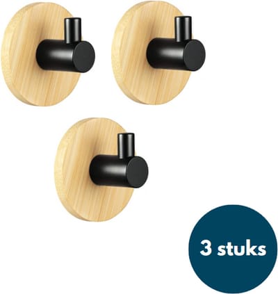 Kapstok haken hout - Bamboe hout zwart - Wandhaken - Wandkapstok - Zelfklevende haakjes - Plakhaakjes - Rond - 3 stuks