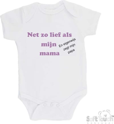 100% katoenen Romper "Net zo lief als mijn mama en eigenwijs zegt mijn papa" Meisjes Katoen Wit/lila/zwart Maat 56/62