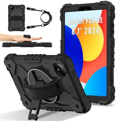 Hoes Geschikt voor Xiaomi Redmi Pad SE 8.7 - Back Cover met Handriem - 360° Draaibare Kickstand Standaard - Beschermhoes Zwart