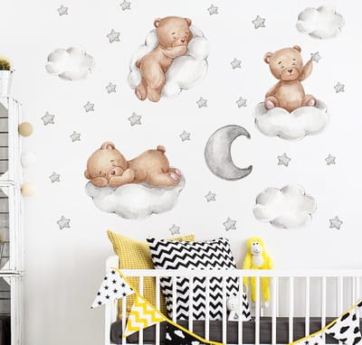 Stickerkamer® - Muursticker - beertjes op wolken en sterren - kinderkamer grijs