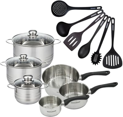 Set van 3 roestvrijstalen steelpannen 12 16 20 cm, 3 roestvrijstalen braadpannen 16, 20 en 24 cm en 6 RPET keukengerei Fackelmann Geneva