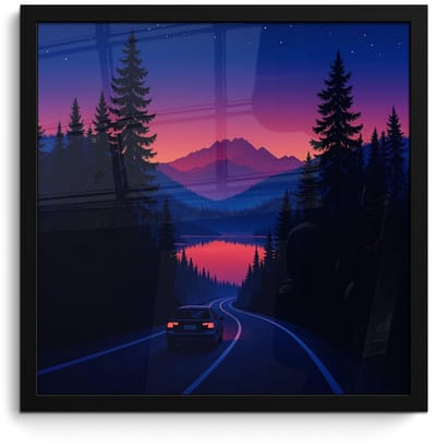 Poster in lijst - Fotolijst 40x40 cm - Posters - Auto - Donkere dennenbomen - Zonsondergang - Posterlijst zwart - Decoratie - Wanddecoratie woonkamer - Muurdecoratie slaapkamer