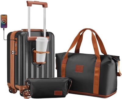 Handbagage kofferset – Voor reizen – Lichtgewicht en duurzaam met TSA-slot, spinnerwielen, bekerhouder en uitbreidbaar – Inclusief reistas – Zwart – 46 cm