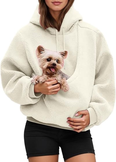 Dames Pet Pouch Hoodies - Oversized Fleece Sweatshirt - Puppy Kitten Kattenhouder Draagtassen Hoodies - Kangoeroezak - Hoodies met zakje voor huisdieren - 1 stuk - Wit(L)