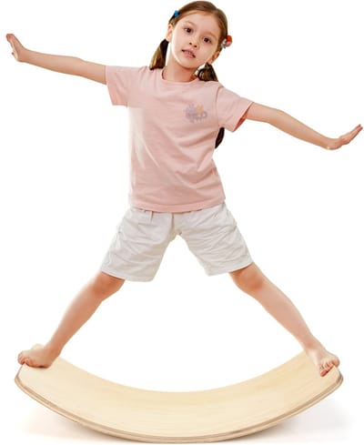 COSTWAY Balancierplank van hout, wiebelplank tot 220 kg belastbaar, gebogen board voor kinderen en volwassenen