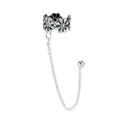 Joy|S - Zilveren bloem earcuff kettinkje en oorknopje - oorklem - oorbel