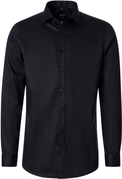 VENTI body fit overhemd - twill - zwart - Strijkvrij - Boordmaat: 39