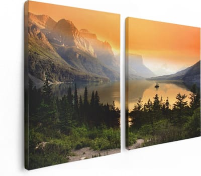 Artaza Canvas Schilderij Tweeluik Bergen Met Een Meer In Nationaal Park Glacier - 120x80 cm - Wanddecoratie Woonkamer - Schilderijen - Muurdecoratie