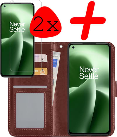 Hoesje Met 2x Screenprotector - Geschikt voor OnePlus Nord 2T - Luxe Pasjeshouder - Bookcase Portemonee - Flip Case - Kunstleer Book Case - Flipcase Hoes - Book Cover - Walletcase - Portemonneehoes - Bruin