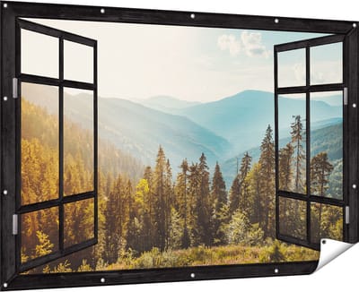 Gards Tuinposter Doorkijk Bos met Bomen in de Hoge Bergen - 180x120 cm - Tuindoek - Tuindecoratie - Wanddecoratie buiten - Tuinschilderij