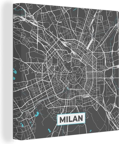 Canvas Schilderij Milaan - Stadskaart - Blauw - Plattegrond - Kaart - 20x20 cm - Wanddecoratie