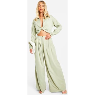 boohoo Dames Linnen-look low-rise extreem wijde pijp geplooide broek | Verstandig | Maat: 34
