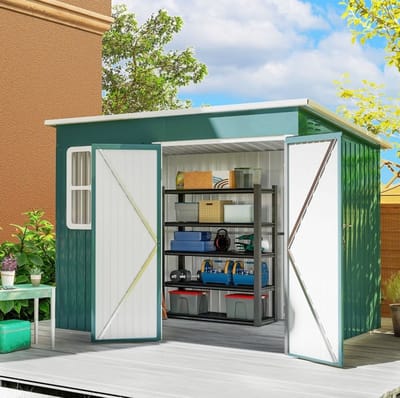 MEUNIQ Metalen schuur 260 x 177 x 190 cm met raam, ventilatieopeningen en brede dubbele deur, gegalvaniseerd staal, tuinopslag voor tuingereedschap en buitenmateriaal, groen
