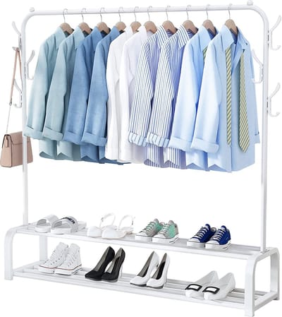Avalo Industrieel Kledingrek - Garderoberek / Kledingrek met Schoenenrek en Haken - Wit Metaal 110x33x150 cm - Dressboy