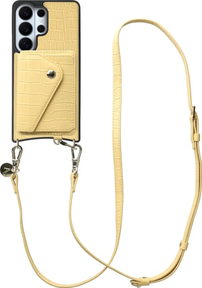 AVY Leren Hoesje geschikt voor Samsung Galaxy S26 Ultra | Met Koord en Kaarthouder | Compatibel met MagSafe | Leather Case met Crossbody Koord & Wallet | Long Leather | Croco Geel