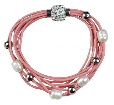 Zoetwater parel armband Bling Pearl Pink - echte parels - echte leer - wit - roze - zilver - magneetslot - luxe sieraden zakje - parel armband dames - zoetwaterparel