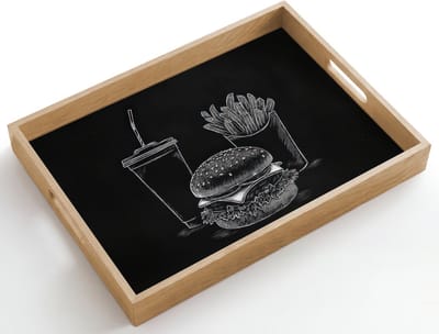 Dienblad hout 50x35 cm - Schootdienblad - Hamburger - Friet - Frisdrank - Krijttekening - Borrelplank rechthoek - Plateau dienbladen