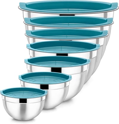 Set van 7 RVS Mengkommen voor Salades, Koken en Bakken met Luchtdichte Deksel en Stapelbaar Ontwerp, Geschikt voor Vaatwasser, Capaciteiten van 0.7L tot 6.5L