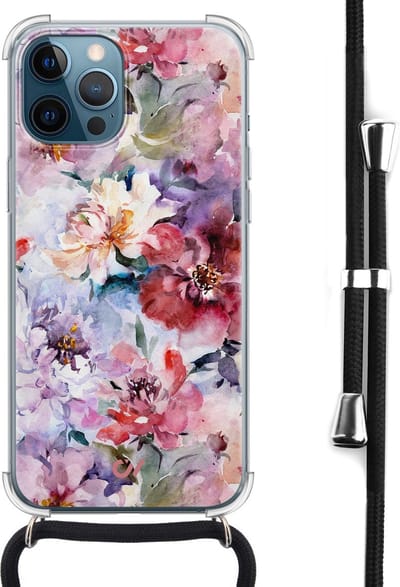 Casevibes - Telefoonhoesje met koord - Geschikt voor Apple iPhone 12 - Bloemen Acryl - Roze -