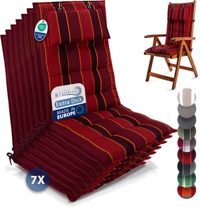 Beautissu Sun-HL - Set van 7 Premium Hoge Rugleuning Kussen met Hoofdkussen 120x50 cm – UV-bestendig & 8cm Dik Kussen Tuinstoelkussen Antislip Bevestigingsbanden – Stevige Stof Rood gestreept