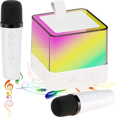 Karaoke set - Karaoke machine Draagbare Mini Karaoke Machine voor Kinderen Volwassenen met 2 Draadloze Microfoons - Bluetooth Speler LED Verlichting Muziekspeler Speelgoed Gifts voor Verjaardagsfeestje (Wit)