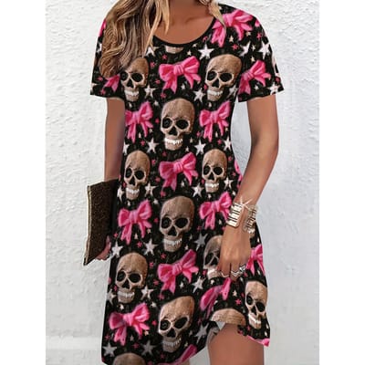 Dames Halloween Feestjurk Gotisch Schedel Zwart Roze Kostuum Outfit Dag van de Doden Alledaagse Gotische Y2k Kleding Dames Kleding 3XL black