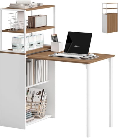 Inklapbaar Computerbureau - Bureau met 4 Opbergplanken - Ruimtebesparend voor Thuiswerken - 105x60x127 cm - Wit Eiken