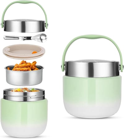 Isotherme Warmhoudfles 1200ml Roestvrijstaal - Lunchbox met Inklapbare Lepel voor Jong en Oud