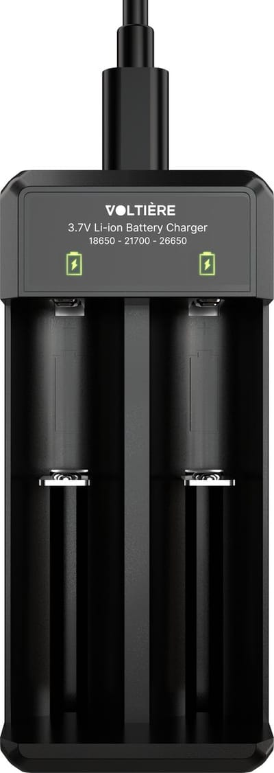 Voltière 2-Poorts 18650 Oplader - Voor Li-ion 3.7V Oplaadbare batterijen: 26700, 26650, 26500, 25500, 22700, 21700, 20700, 22650, 22500, 18700, 18650, 18500, 18490, 18350, 17650, 16650, 16340, 14650, 14500 & 10450