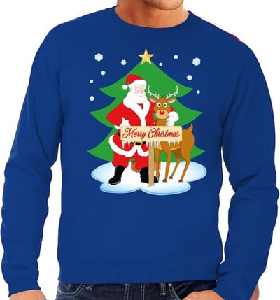 BD Foute kersttrui - kerstman en rendier Rudolf - blauw - voor heren - kerst sweater - Kersttruien S