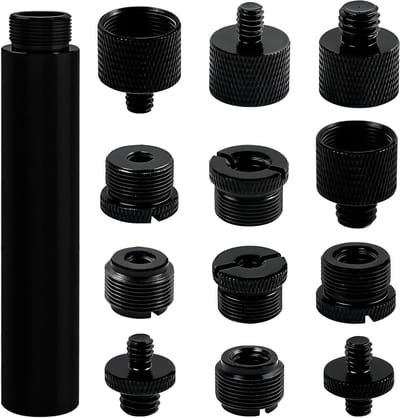 Complete 13-delige set microfoonstatiefadapters met schroeven en 6-inch verlengbuis voor optimale bevestiging en flexibiliteit – Geschikt voor 3/8" en 1/4" aansluitingen