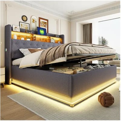 Merax 180 x 200 cm opbergbed met opberghoofdeinde - USB-oplading en LED's - Linnen stof - Grijs