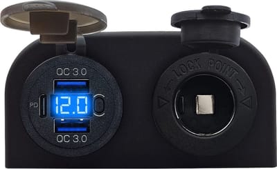 ProRide 12V USB C Stopcontact 3 Poorten Opbouw met Schakelaar/Voltmeter - QC3.0 - met 12/24V Sigaretten stopcontact - Blauw