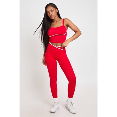 boohoo Dames Contour Geribbelde Naadloze Actieve Legging Met Contrasterende Billen Scrunch En Wikkeldetail | Rood | Maat: XS
