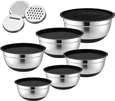 Set van 6 Mengkommen van RVS met Transparante Deksel en 3 Raspaccessoires voor Koken en Bakken, Capaciteit van 0.7L tot 4.5L