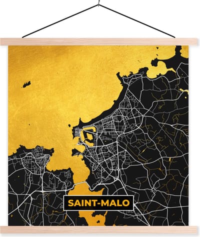 Posterhanger incl. Poster 40x40 cm - Schoolplaat - Plattegrond – Saint-Malo – Stadskaart – Kaart – Frankrijk - Textielposter - Blanke latten - Stadskaart