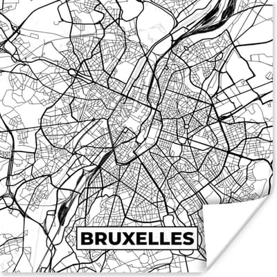 Poster Stadskaart – Zwart Wit - Kaart – Bruxelles – België – Plattegrond - 100x100 cm XXL